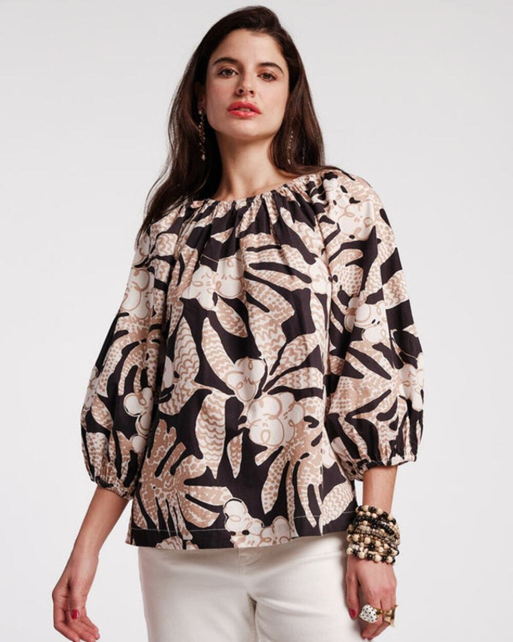 Frances Valentine Bliss Top Black Brown Floral Print Puff Sleeve Oversized Small